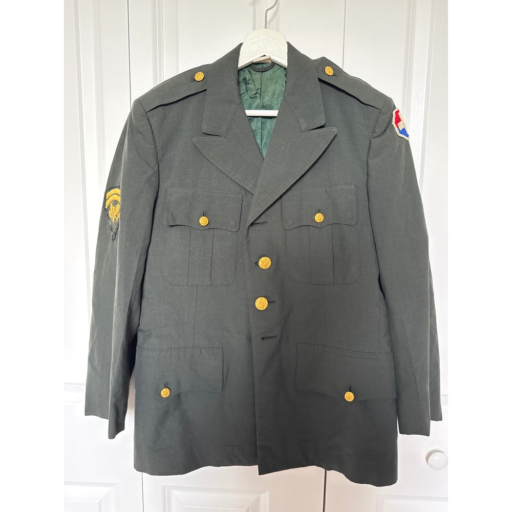 Vintage US Army‎ Green Dress Uniform Jacket 37 Military Coat Patches